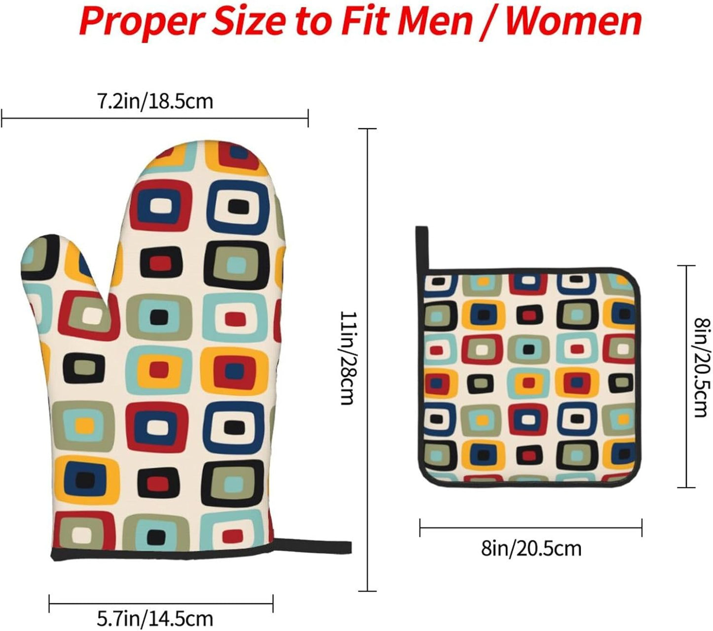 Mid Century Modern Retro Oven Mitts and Pot Holders Sets of 3 Heat Resistant Non Slip Vintage Decorative BBQ Gloves for Cooking Grilling Baking Kitchen Decor