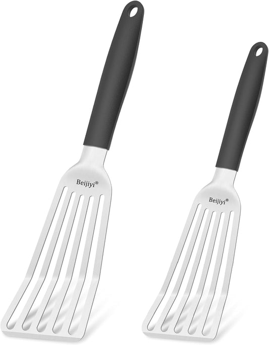 Beijiyi Stainless Steel Fish Spatula Set, 13.5" & 11.7" Metal Spatulas for Kitchen Use, Thin Edge Slotted Fish Turner Spatula for Flipping and Grilling, Cooking Untensils with Silicone Handle