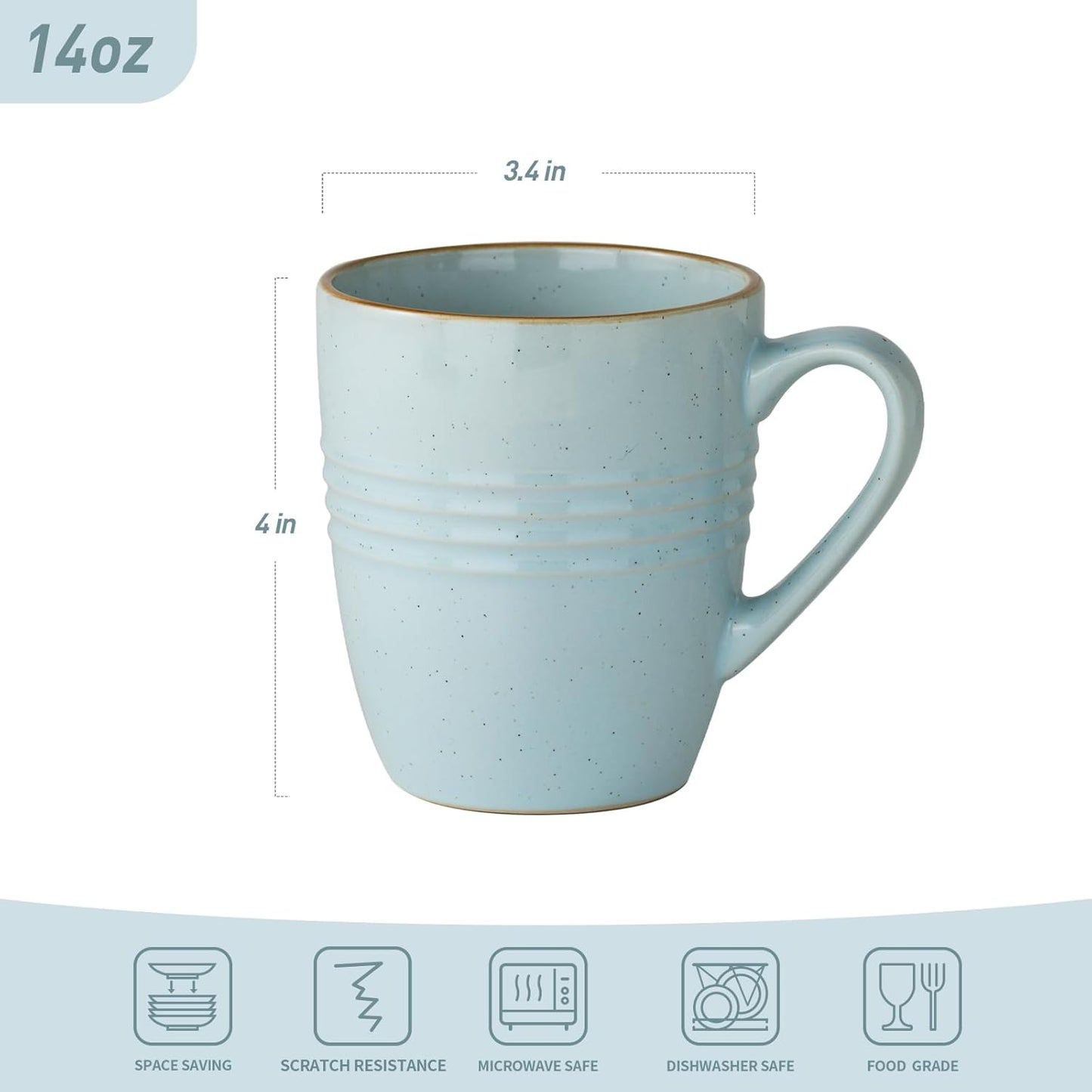 famiware Jupiter Coffee Mugs Set of 4, 14 OZ Coffee Mug, Microwave and Dishwasher Safe, Coffee Cups with Handle for Coffee, Tea, Cocoa, Milk, Light Blue