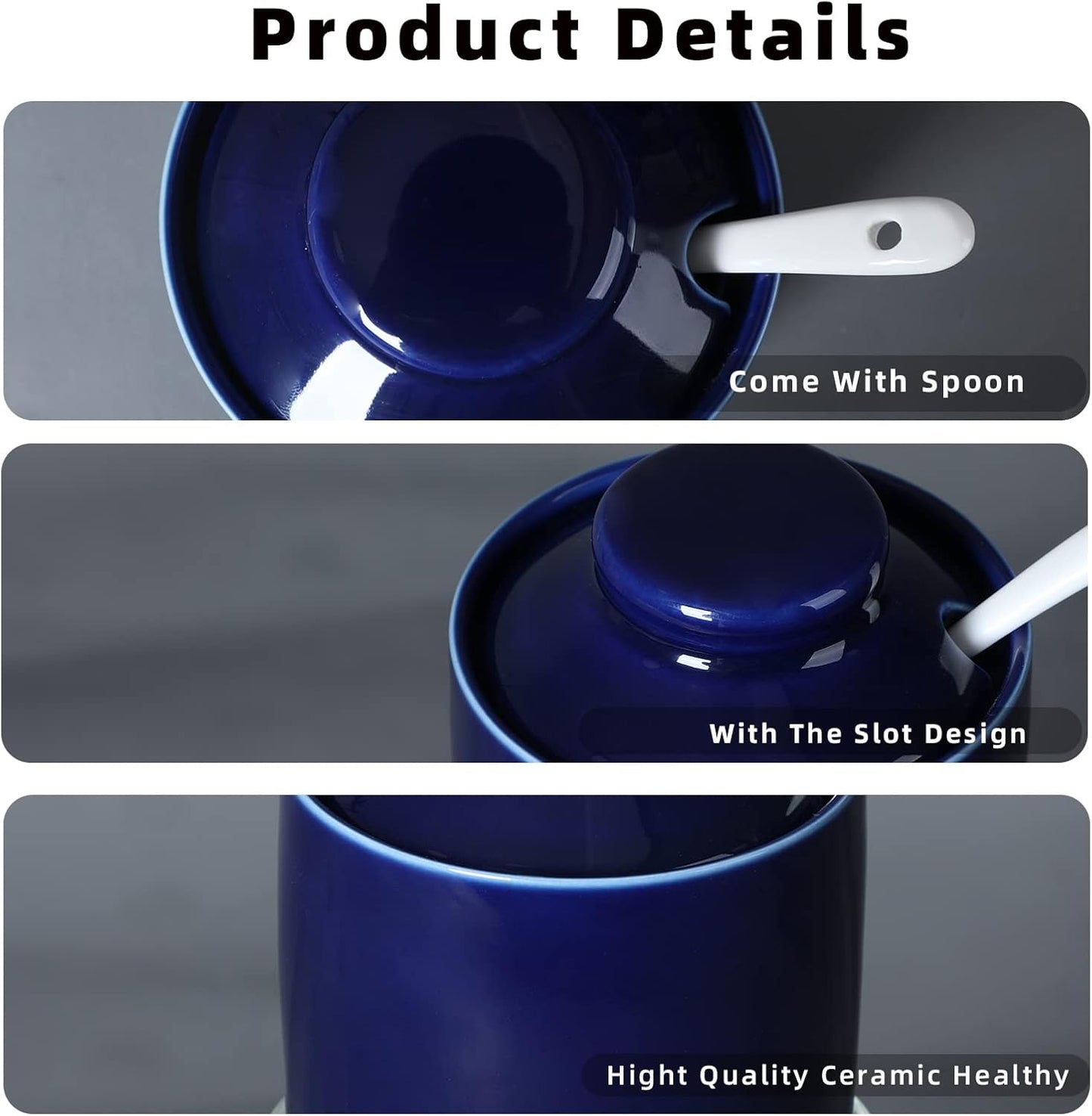 ONTUBE Ceramic Sugar Bowl with Lid and Spoon,Porcelain Seasoning Box Salt Bowl,8oz (Navy)