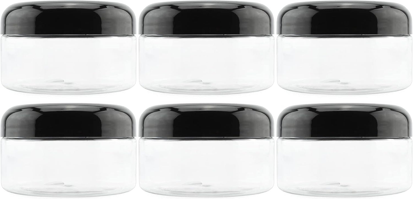 Cornucopia Brands 8oz Clear Plastic Jars w/Black Plastic Lids (6-Pack); BPA Free PET Stackable Containers for Bathroom & Kitchen Storage & Cosmetics