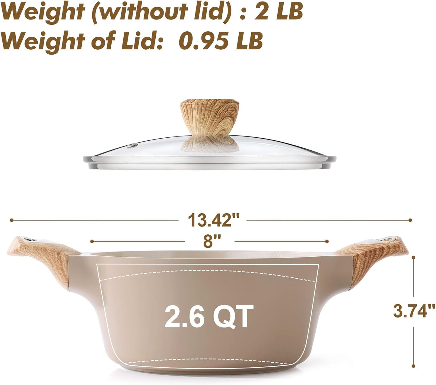 SENSARTE Ceramic Nonstick Stock Pot with Lid, 2.6/4.5/6.6/8.5 QT Soup Pot Casserole Pot, Non-toxic Healthy Pasta Pot, Large Cooking Pot Stew Pot, Induction Compatible, PFOA PFAS PTFE Free, Taupe