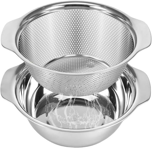 Stainless Steel Microporous Colander for Kitchen, 3.5QT Large Capacity, Colander and Bowl Set of Two, Stainless Steel Drain Basket with Mixing Bowl, for Washing Fruits and Vegetables (10.4×9.1inch)