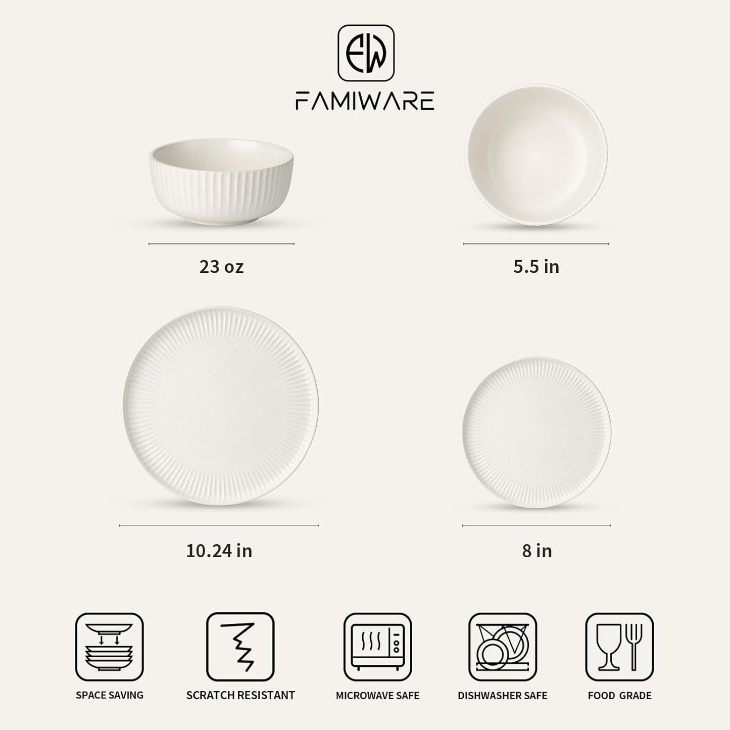 Famiware Starlight Dinnerware Sets, Plates and Bowls Dish Set of 8 (24 Pieces), Ribbed Textured Tableware - Dishwasher & Microwave Safe, Chip Resistant, Reactive Glaze, Matte Reactive White