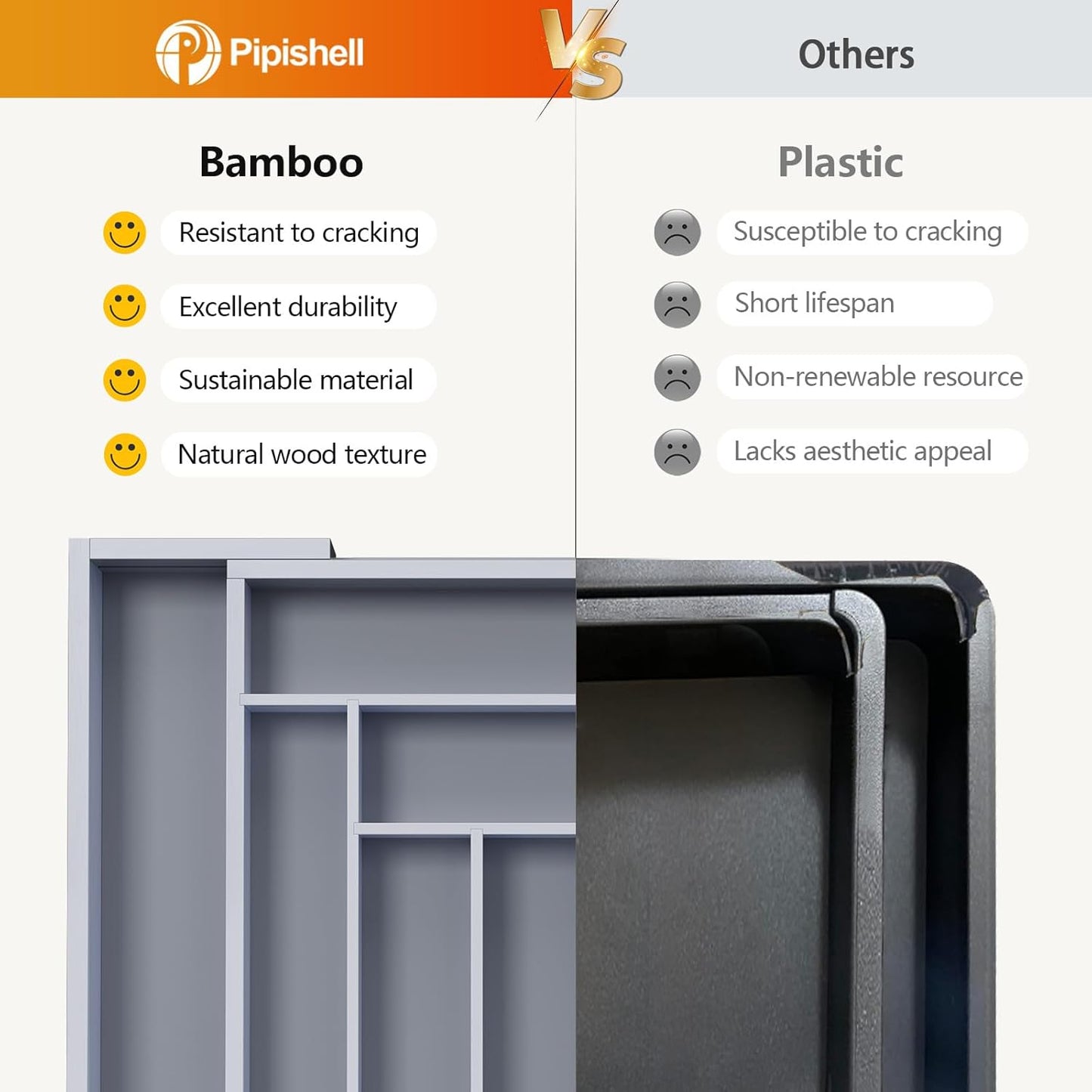 Pipishell Bamboo Expandable Drawer Organizer for Utensils Holder, Adjustable Cutlery Tray, Wood Drawer Dividers Organizer for Silverware, Flatware, Knives in Kitchen, Bedroom, Living Room(Grey)