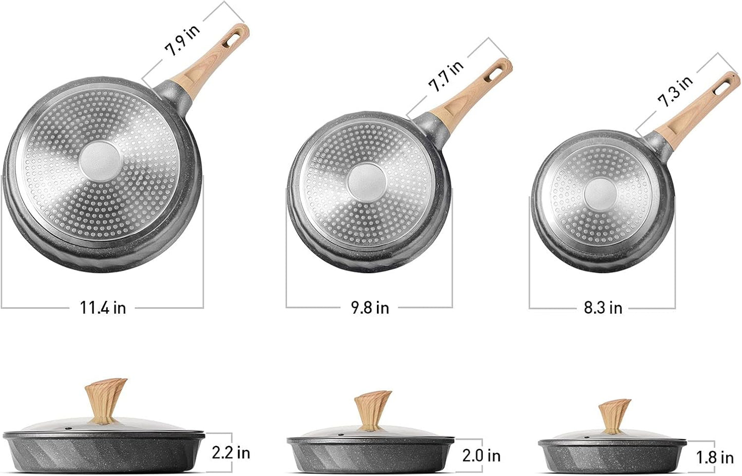 Nonstick Frying Pan Set, Stone Skillet Set, Omelette Pan Cookware Set, Induction Frying Pan with 3 Lid(8inch&9.5inch&11inch)