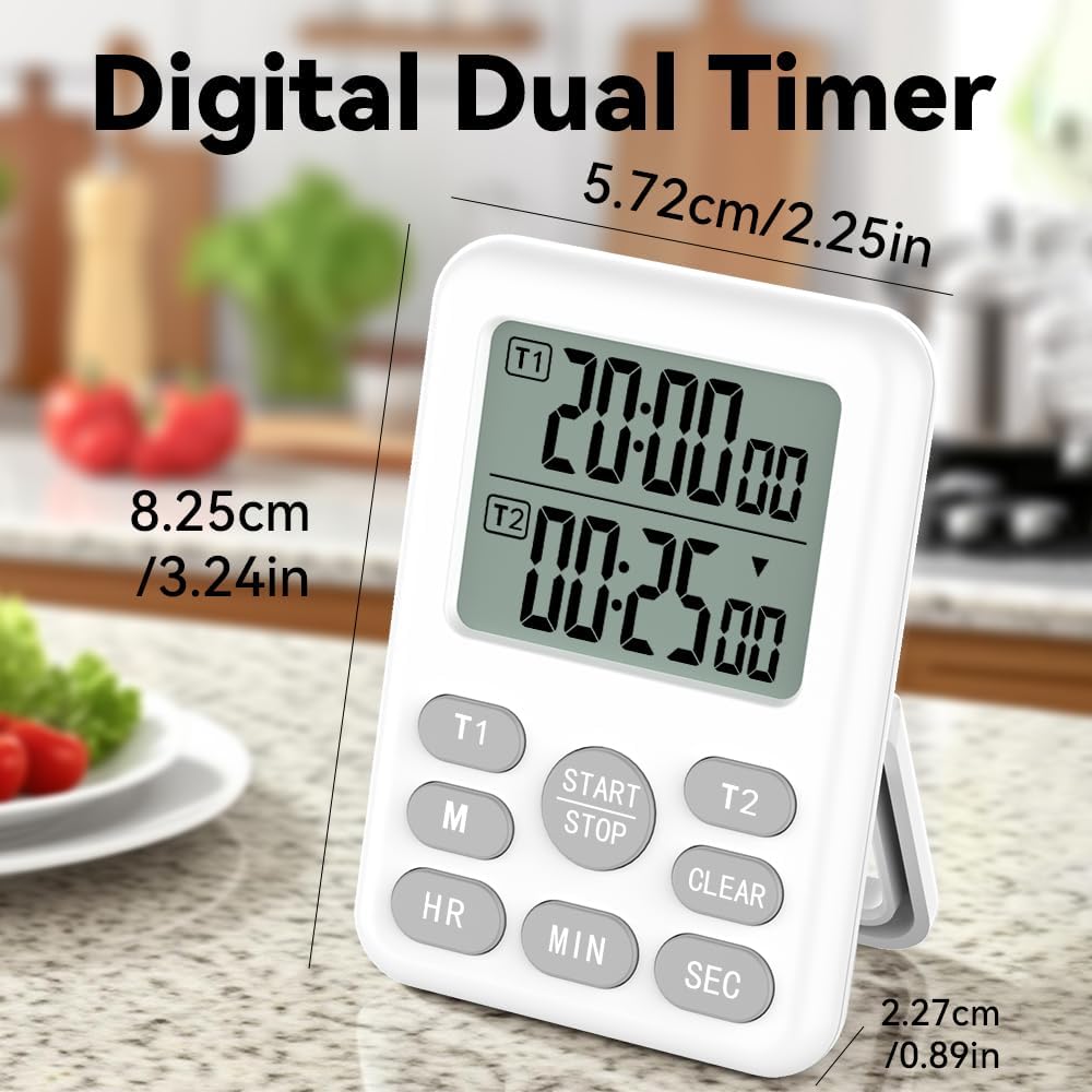 Dual Kitchen Timer Digital - 2 Channel for Cooking with Alarm, Large Display, Magnetic Back, Replaceable 3A Battery, Loud Food Timer, Modern White Design for Multi Timing Needs