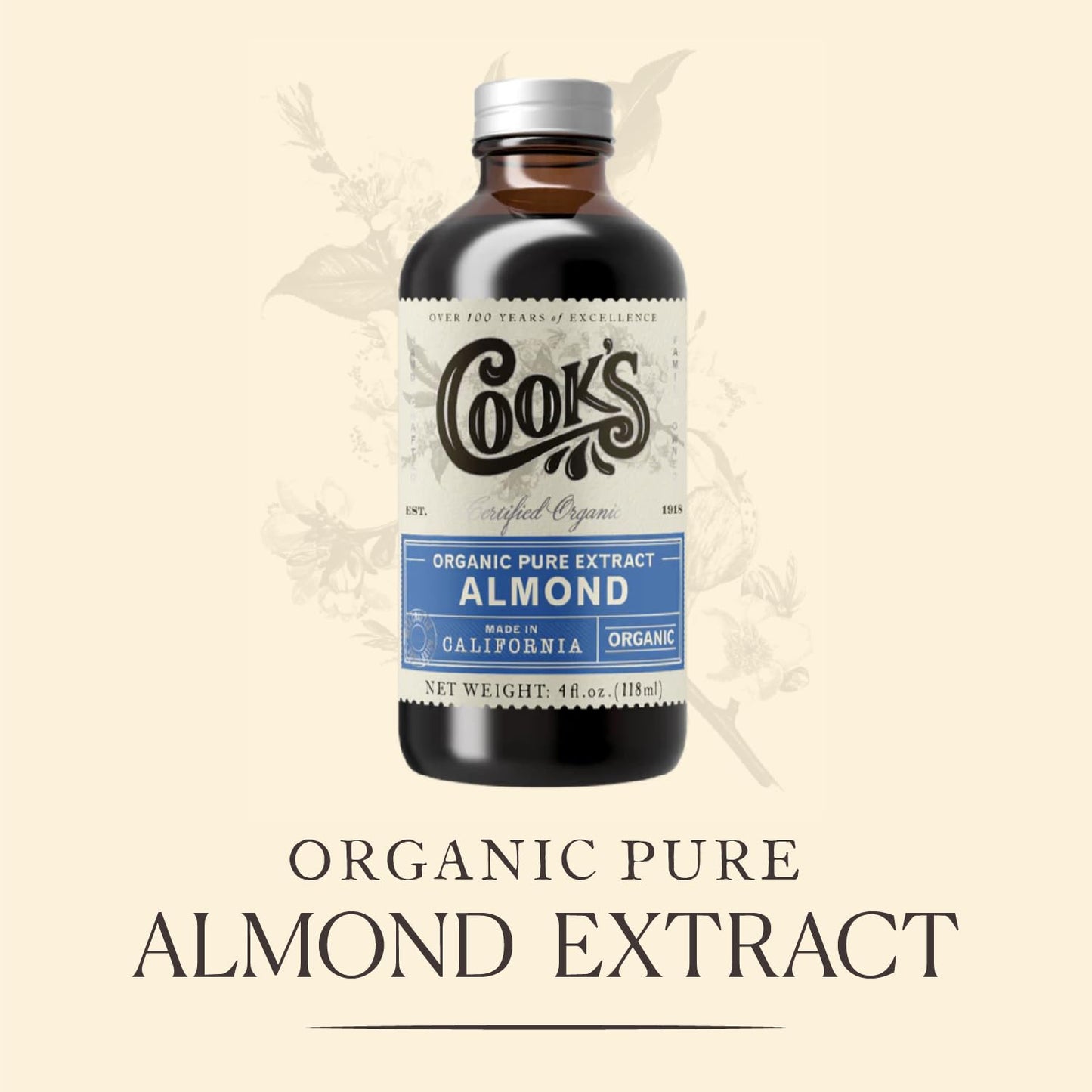 Cook's, Organic Pure Almond Extract, for Cookies, Cakes, Pastries, Allergen Free, 128 Ounces (1 Gallon)