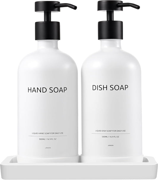 Glass Soap Dispenser Set with Ceramic Tray, 16.9 floz Hand and Dish Soap Dispenser for Bathroom Decor, White and Black Kitchen Accessories (White Bottles + Black Pumps)
