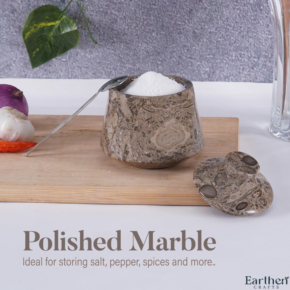 Marble Salt Cellar With Lid & Spoon Oceanic 4" Seasoning & Spice Jar Salt Container - Coffee Candy Holder For Kitchen Counter