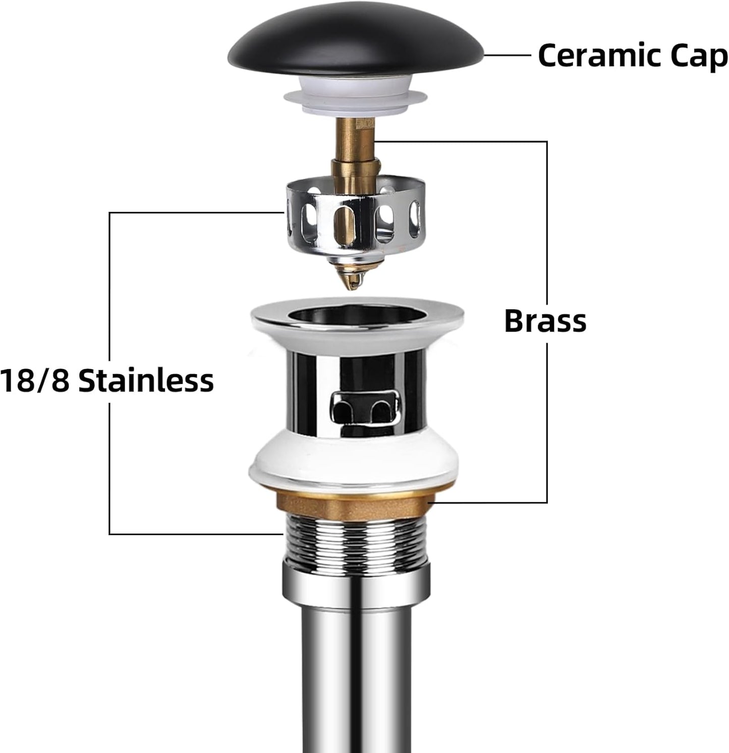 Bathroom Sink Drain with Overflow, Ceramic Cap Pop Up Drain Stopper, Rustproof Brass and 304 Stainless Steel, Black