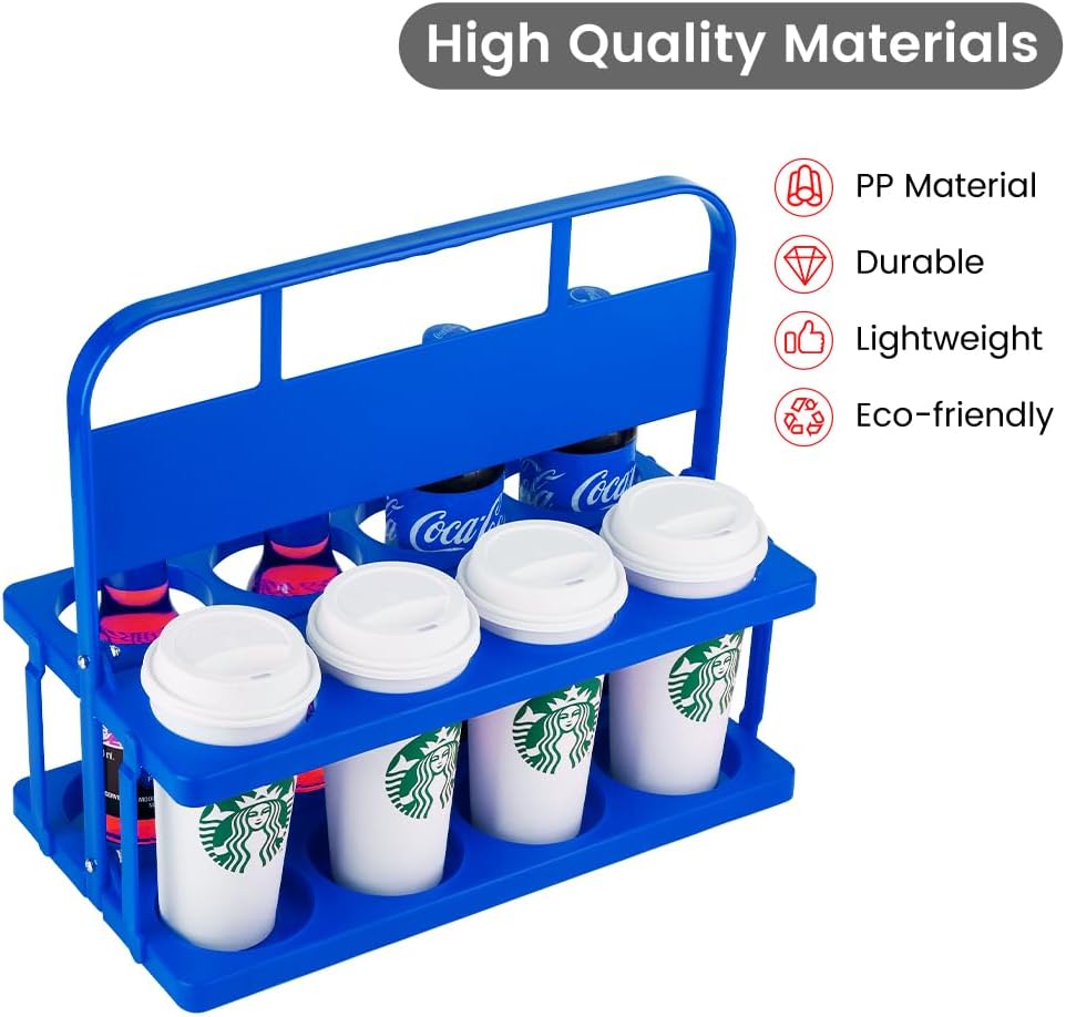 Reusable Drink Carrier with Handle for Doordash, Eats, Grubhub, Portable 8 Cup/Coffee Holder Accessories for Delivery, Foldable Drinks Caddy with Tray, Car Durable Plastic Festive Bottle, Vacation