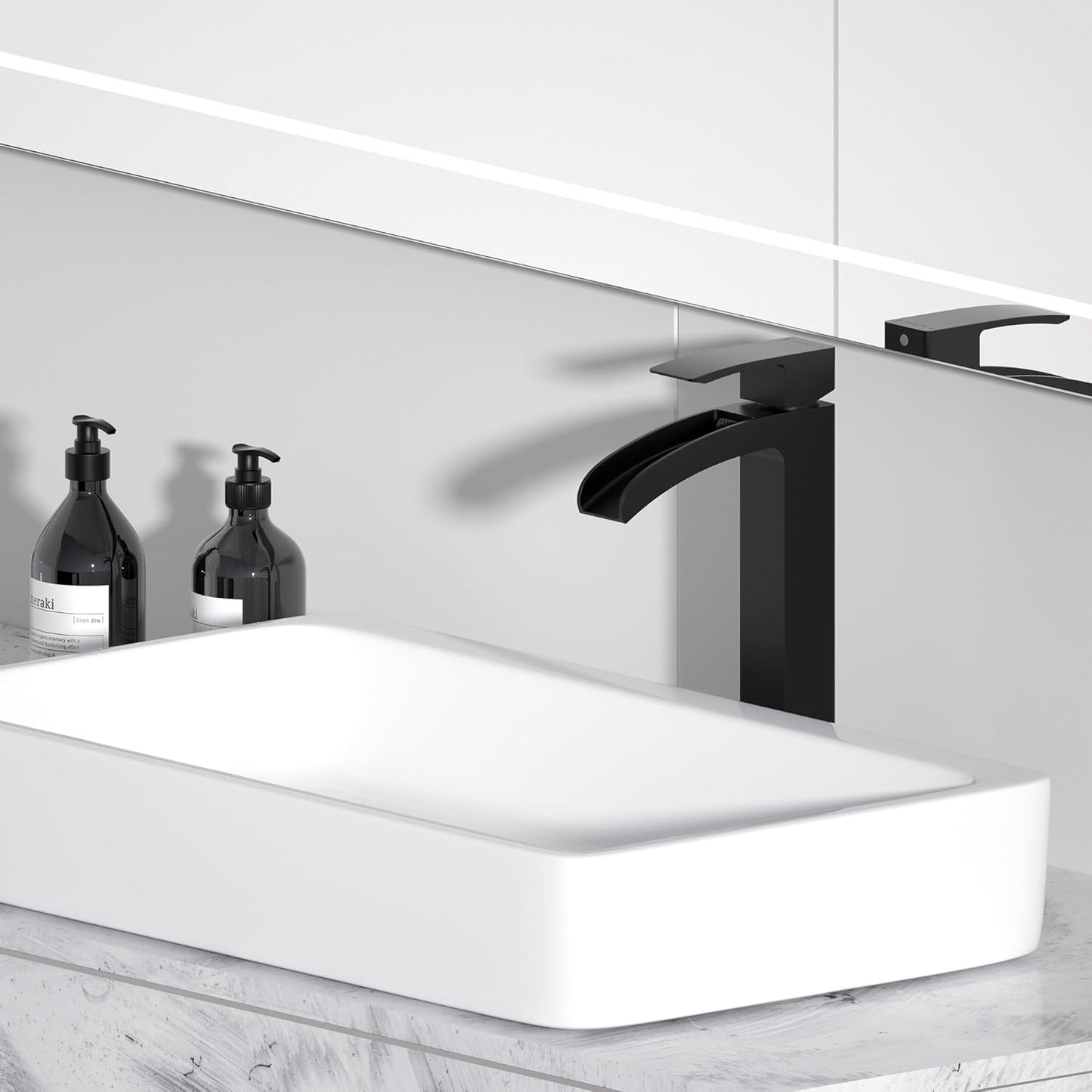 Bathroom Faucet Tall Vessel Faucet Matte Black Waterfall Deck Mount Single Handle Lavatory with Water Supply Line Lavatory Vanity