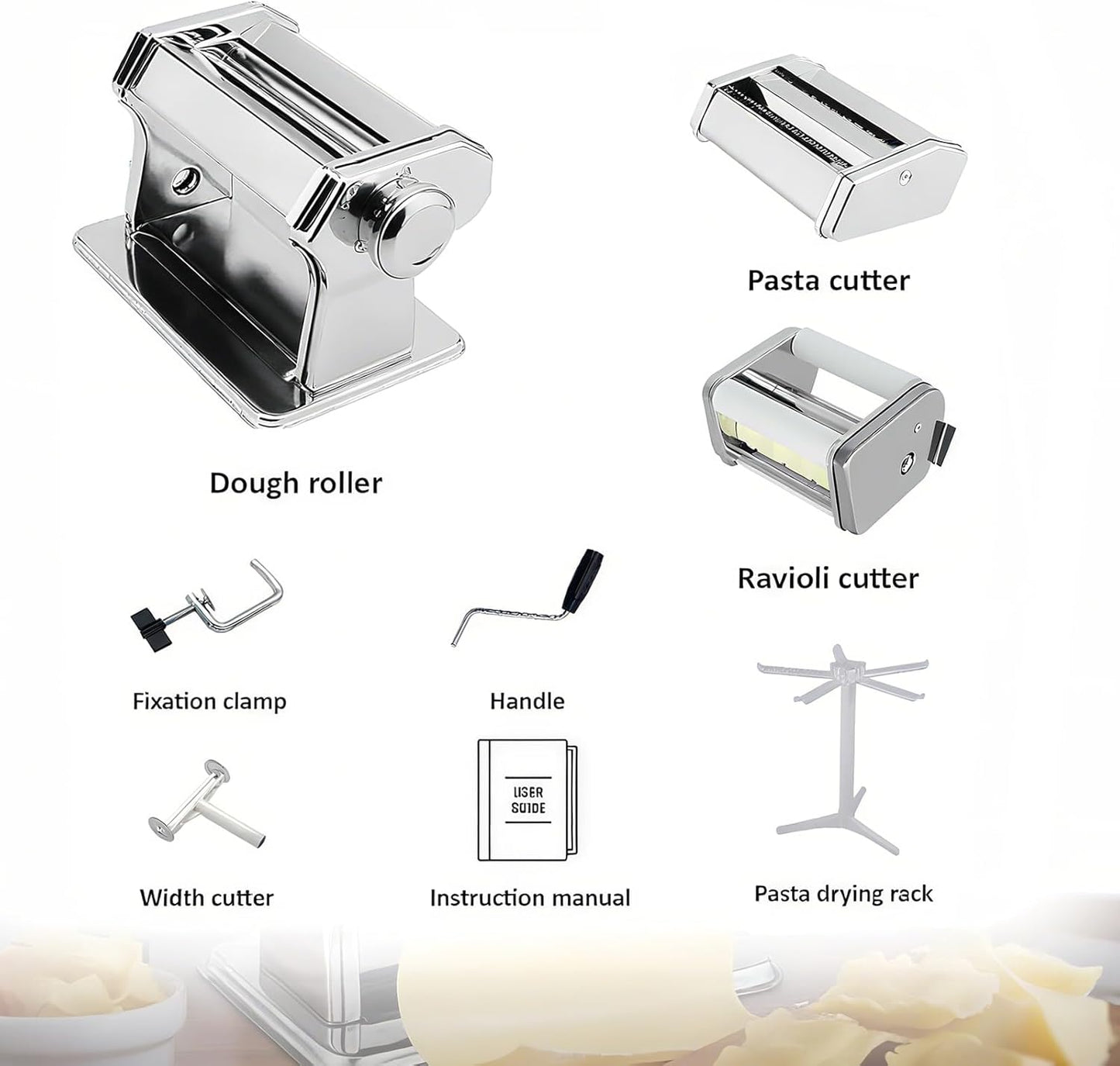 Pasta Maker Machine with 9 Adjustable Thickness Settings, 2 in 1 Noodle Maker Includes Pasta Cutter, Ravioli Maker Attachment & Pasta Drying Rack