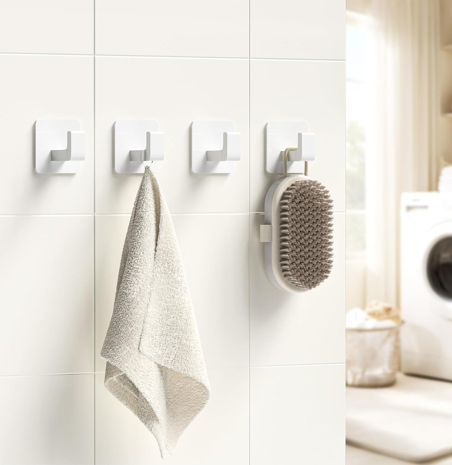 Square Self Adhesive Towel Hooks - 4 Pack Matte White Metal Hooks, Right-Angle Design for Towels, Robes & Hats, Organize Bathroom, Kitchen, Entryway, Doors, Cabinets on Smooth Surfaces