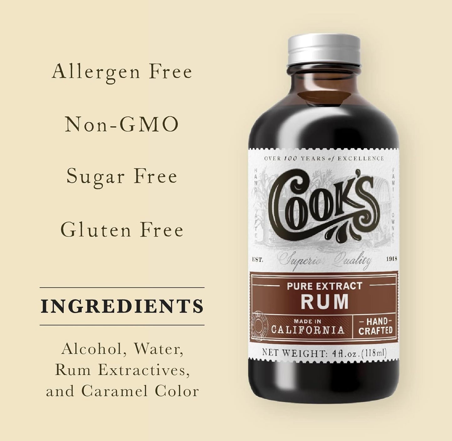 Cook's, Pure Rum Extract, For Baking, Ice Cream, Candies, Cakes, 16 oz