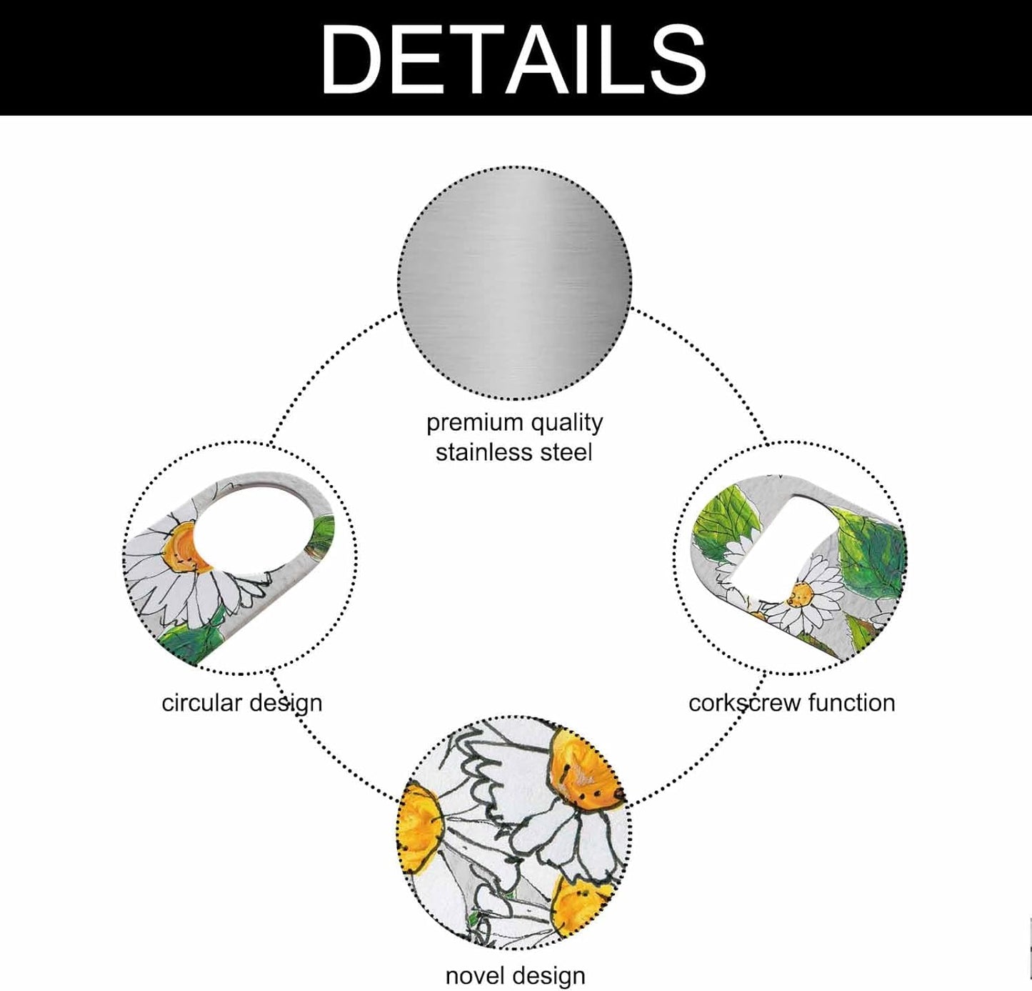 Daisy Flowers Stainless Steel Bottle Opener Watercolor Chamomile Floral with Green Leaf Bright Plant Flat Beer Bottle Opener Keychain for Home Kitchen Bar Restaurant Party Birthday Gift
