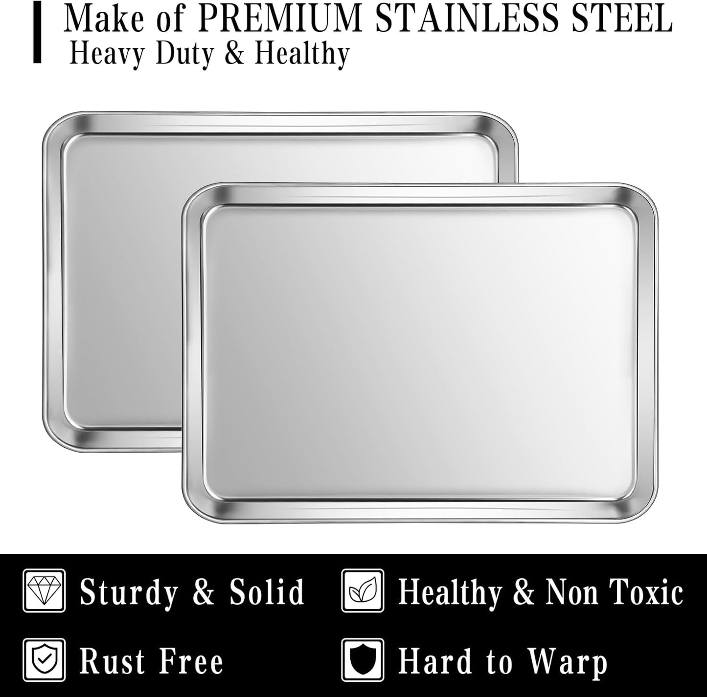 Stainless Steel Baking Sheet Set, 2 Pcs Quarter Cookie Sheet Pan Baking Trays for Oven, Non Stick and Heavy Duty and Easy Clean, 12.4 x 9.6 x 1 Inch