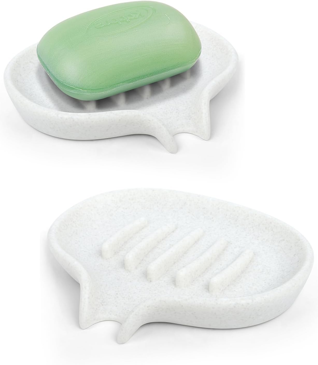 2 Pcs Soap Dish with Drain- Self Draining Bar Soap Holder for Shower, Marble Look Soap Savers Soap Tray Sponge Holder for Kitchen, Bathroom, Bathtub Sink, Crystal White