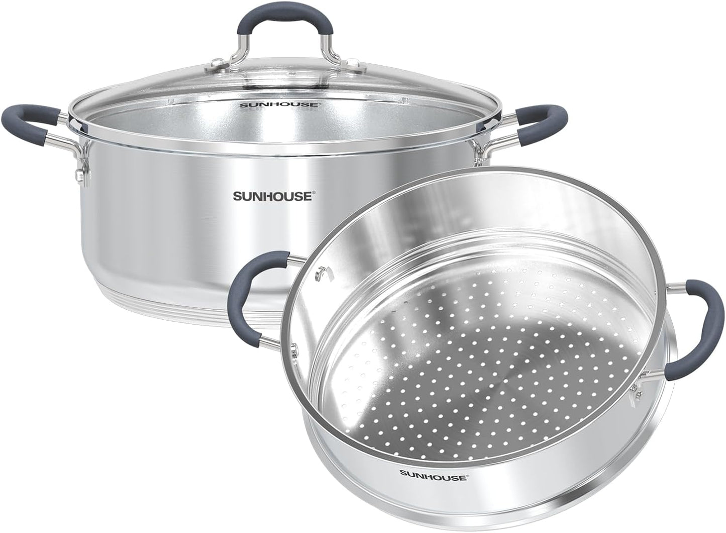 Sunhouse - 5.5 Quarts Steamer Pots With Lid 2-Tier Multipurpose Stainless Steel Steaming Pot Cookware For Vegetable, Dumpling, Sauce, Food - Triple Bottom, Measurement Line