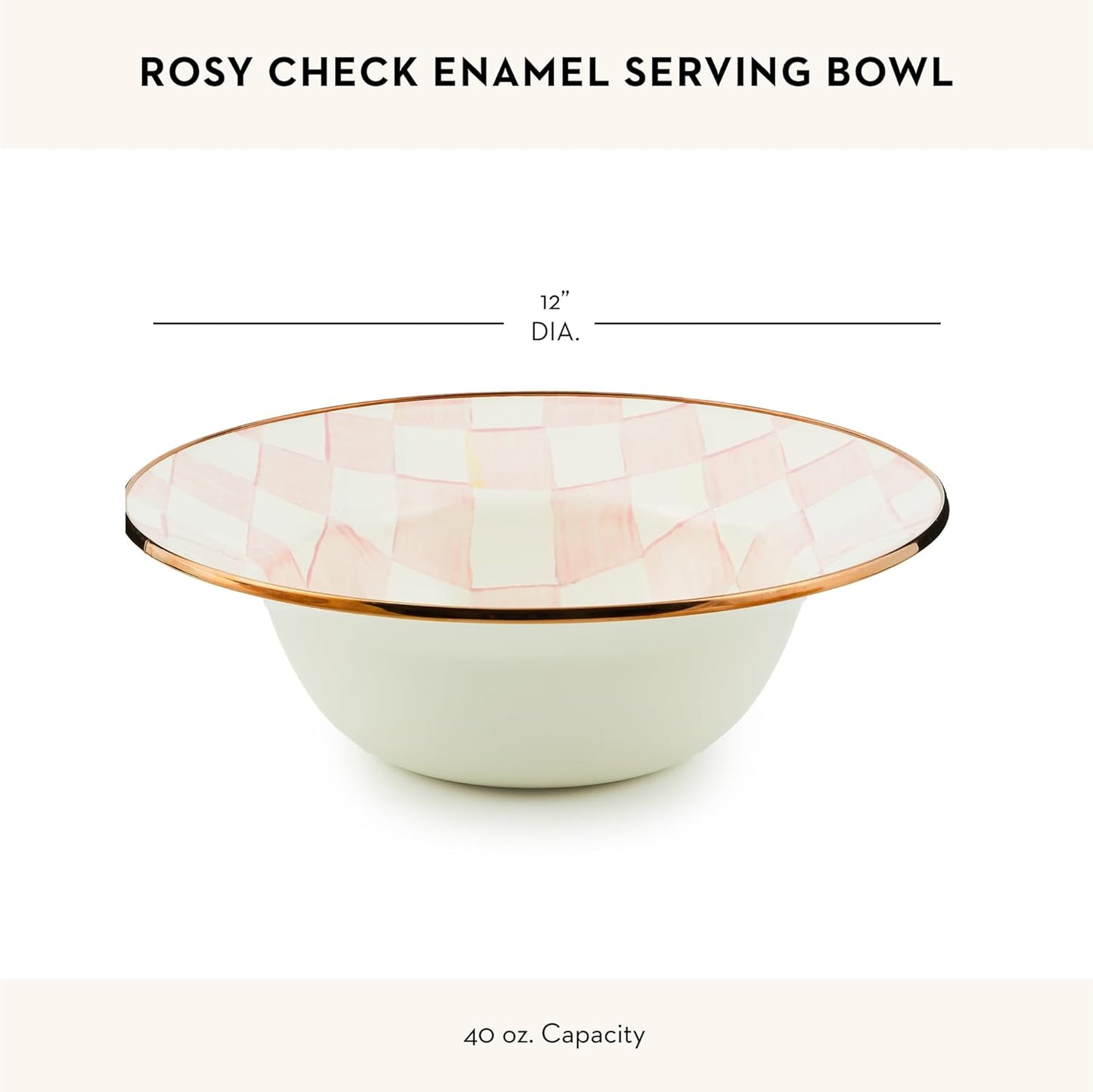 MACKENZIE-CHILDS Enamel Serving Bowl, Enamel Serveware Bowl, 12 Inches, Pink-and-White Rosy Check