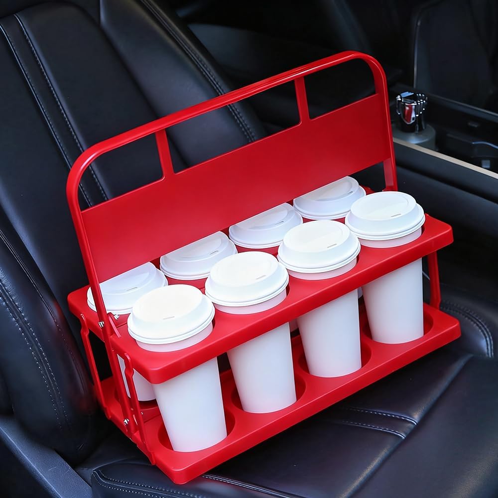 Reusable Drink Carrier with Handle for Doordash, Eats, Grubhub, Portable 8 Cup/Coffee Holder Accessories for Delivery, Foldable Drinks Caddy with Tray, Car Durable Plastic Festive Bottle, Vacation
