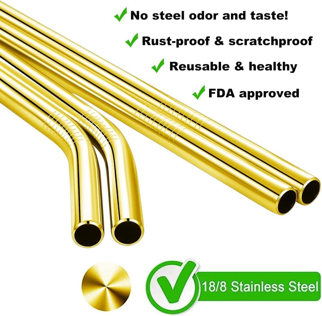 Vinaco 8.5" and 10.5" Big Smoothie Straws & Milkshake Straws, 6 Pack Food-grade Stainless Steel Straws 0.4" Wide Mouth Straw for Smoothie, Milkshakes, Thick Drinks, Gold Metal Straws Reusable