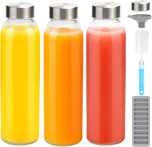 Zukro Glass Water Bottles with Lids 18 oz, 3 Pack Reusable Juice Bottles With Stainless Steel Airtight Cap for Juicing, Leak Proof Clear Drinking Jar Beverage storage container for Fridge, BPA Free