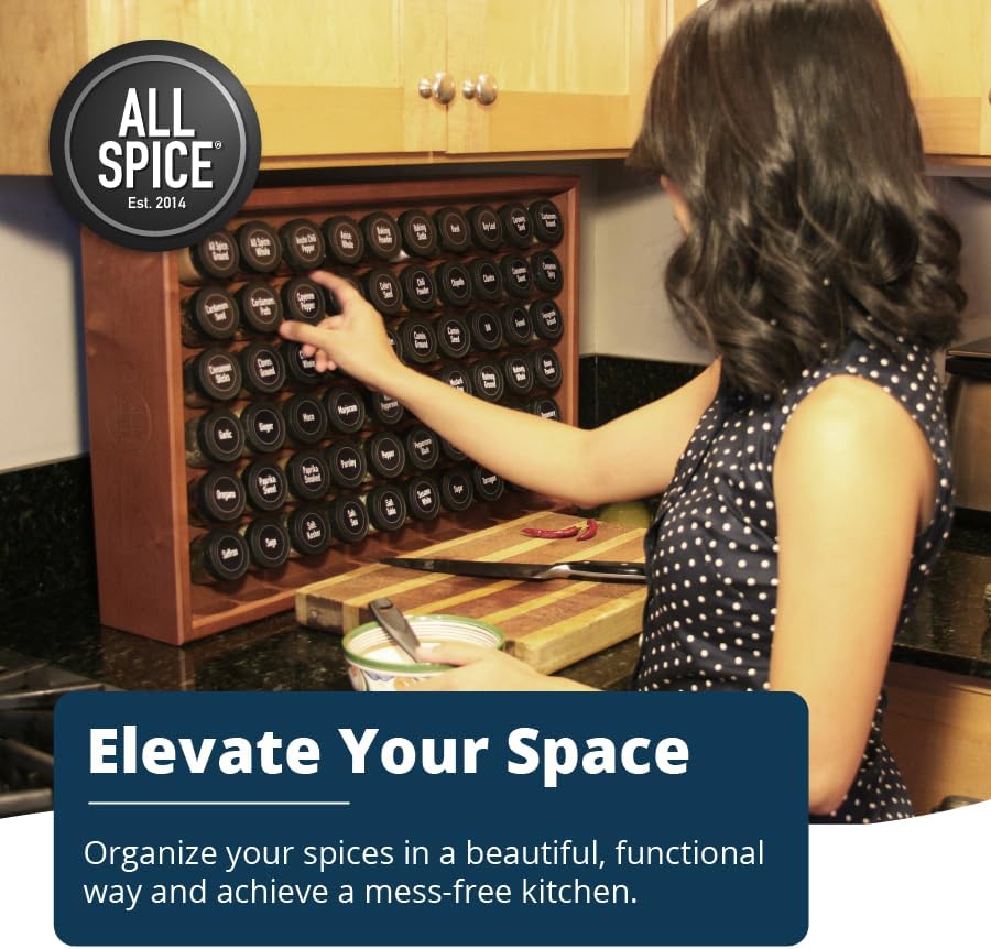 AllSpice Spice Rack Organizer, Wood, 525 Unique Labels, Countertop or Wall Mount, Includes 30 4oz Jars- Cherry Stain