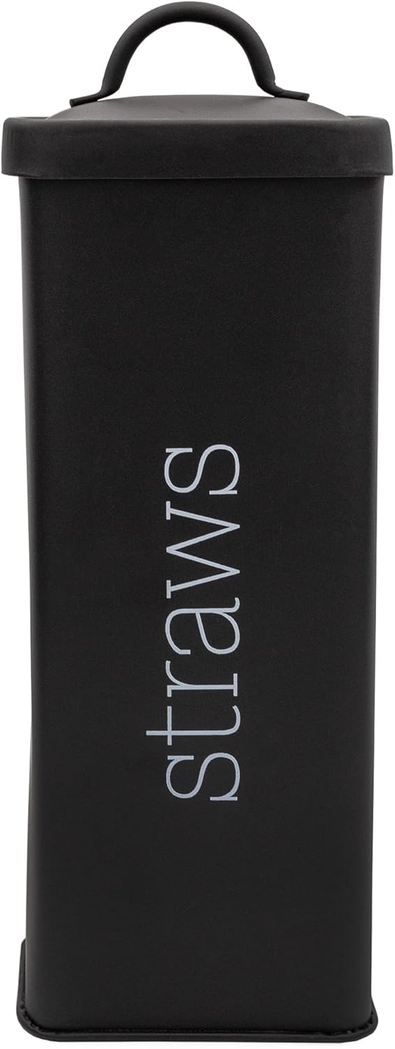 AuldHome Design Farmhouse Enamelware Straw Holder (Black); Retro Metal Straw Storage Canister