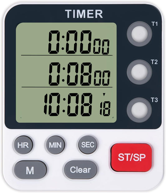 Dual Kitchen Timer Digital - 3 Channel for Cooking with Alarm, Large Display, Magnetic Back, Replaceable 3A Battery, Loud Food Timer, Modern White Design for Multi Timing Needs
