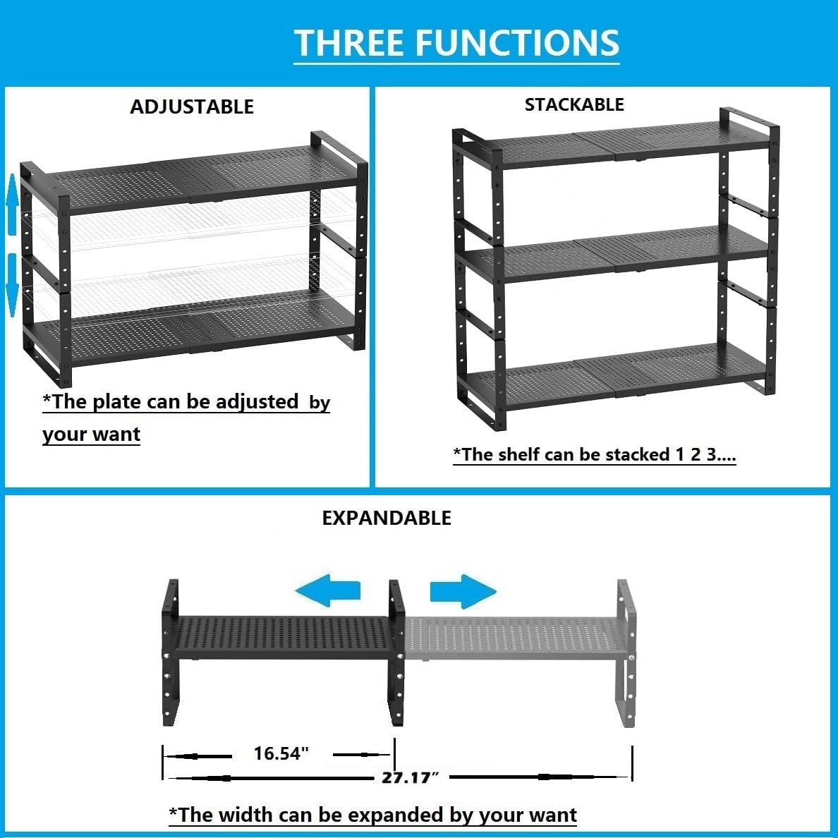 Expandable,Adjustable & Stackable Spice Rack, Cabinet Kitchen Countertop Shelf Organizer,Metal Pantry Storage Shelves - Space-Saving Storage Solution(1Pack/Black/Medium)