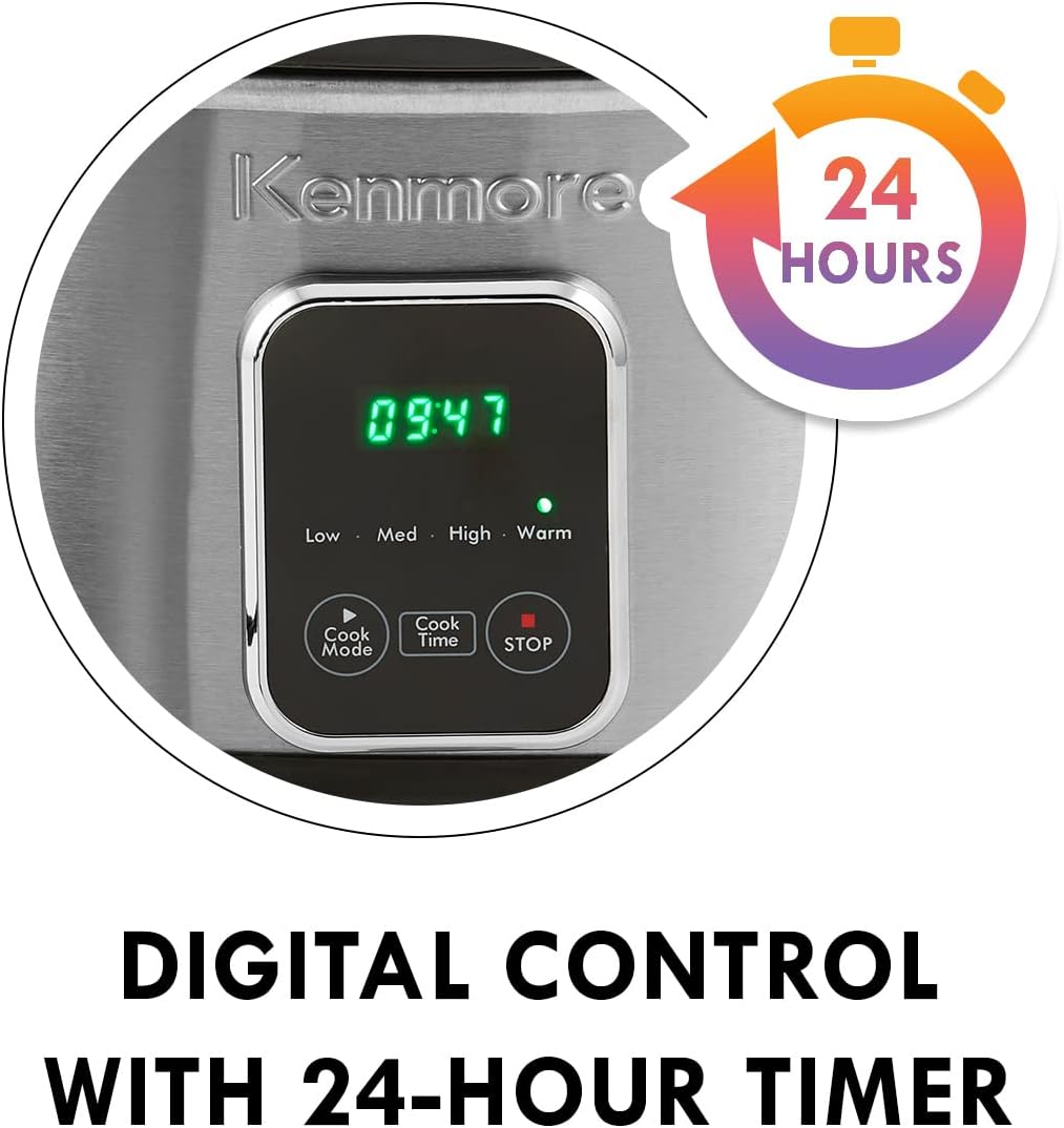 Kenmore 7 Quart Slow Cooker - Programmable crock pot with Dipper, Stainless Steel Electric Cookers, Warm Rice & Sous Vide Stew Soup For Lunch, Dishwaher Safe Non-Stick Ceramic Insert, Digital Control