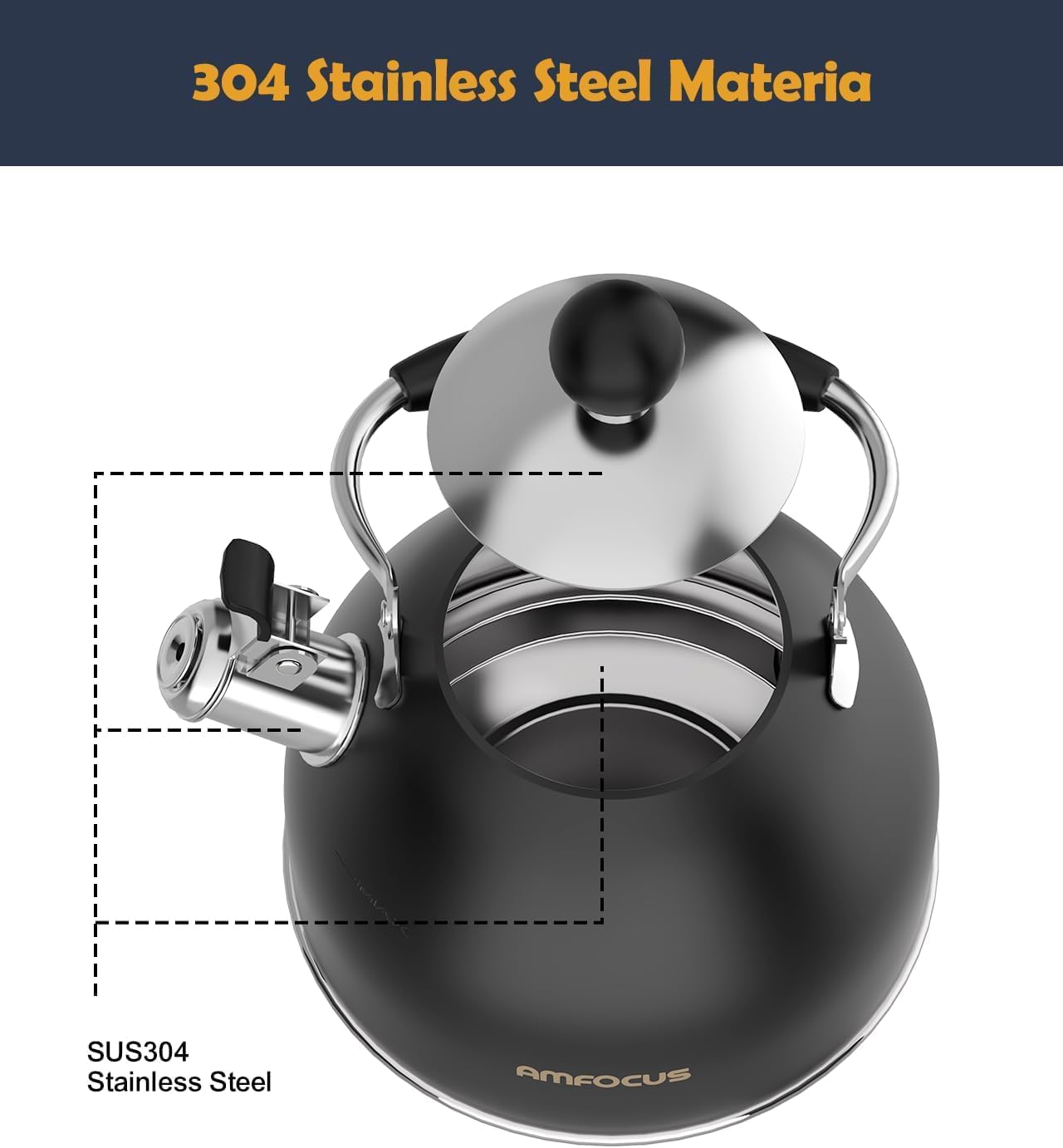 Tea Kettle, 2 Quart Stainless Steel Whistling Tea Kettle, Stovetop Whistling Teakettle Tea Pots for Stove Top with Ergonomic Folding Handle, Small Teapot, Water boiler for Tea, Coffee (Black)