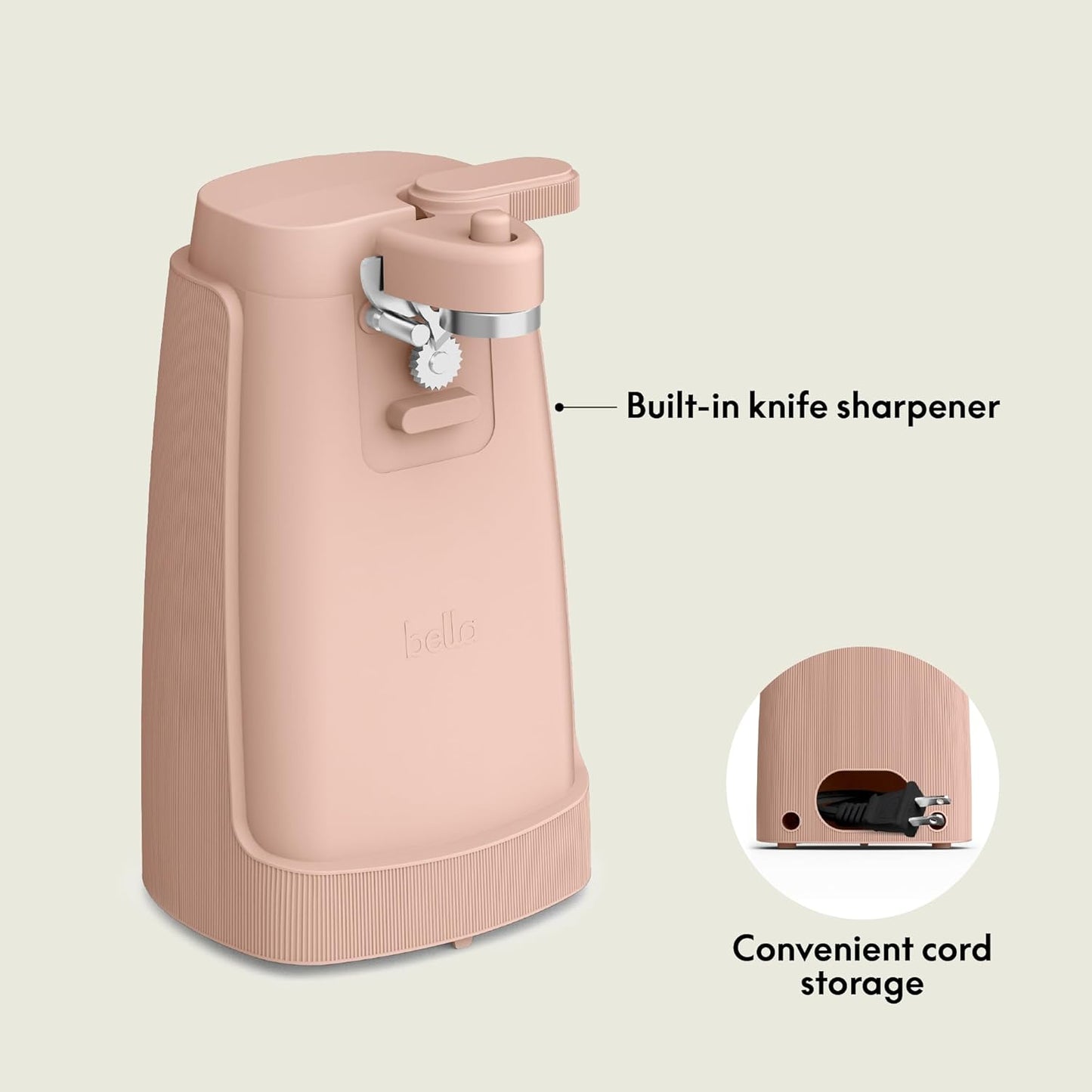 bella Electric Can Opener and Knife Sharpener, Multifunctional Jar and Bottle Opener with Removable Cutting Lever and Cord Storage, Stainless Steel Blade, Blossom