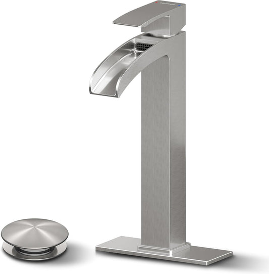 Bathroom Faucet Tall Vessel Waterfall Faucet Brushed Nickel Deck Mount Single Handle Lavatory with Water Supply Line
