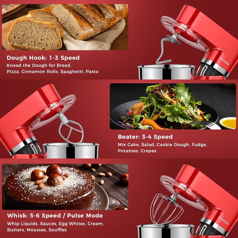 Stand Mixer, POWWA 7.5 QT Electric Mixer, 6+P Speed 660W Household Tilt-Head Kitchen Food Mixers with Whisk, Dough Hook, Mixing Beater & Splash Guard for Baking, Cake, Cookie, Kneading (Red)