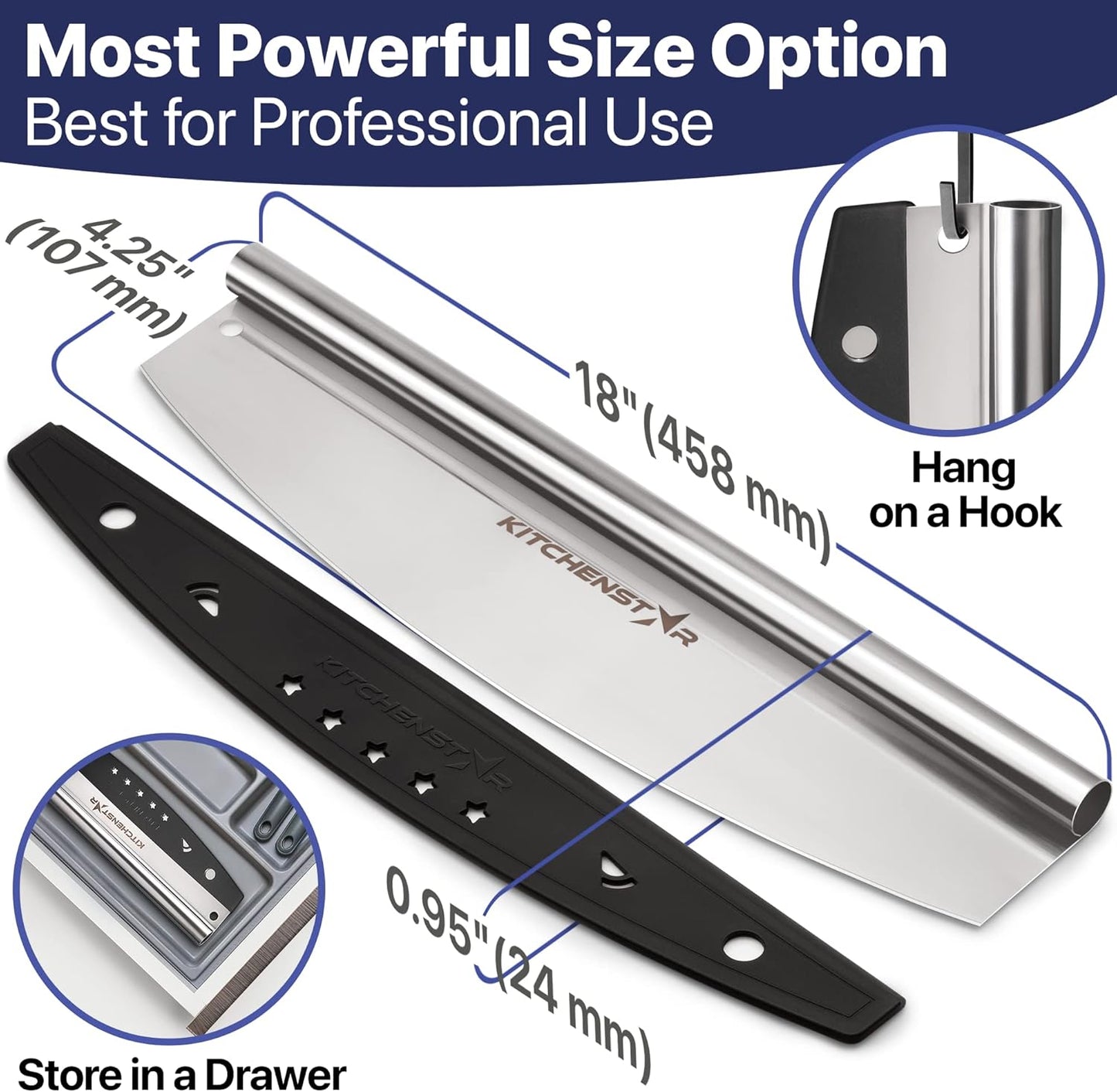 KitchenStar 18-Inch Pizza Cutter Rocker Blade - Sharp Stainless Steel Slicer Knife, Protective Cover, Dishwasher Safe, Extra Large - Commercial Pizza Oven Accessories
