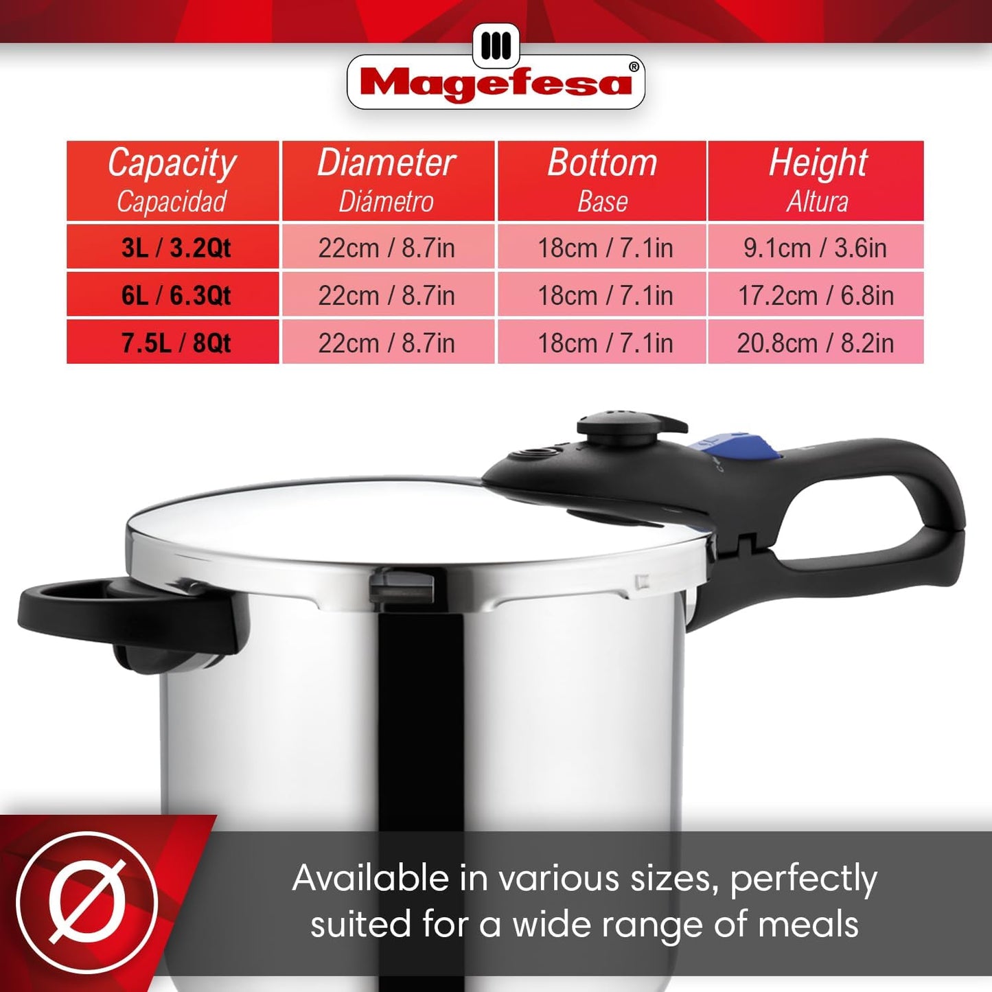MAGEFESA Favorit 8 Qt Pressure Cooker – Easy-to-Use Fast Cooking Pot, 18/10 Stainless Steel, Induction Compatible, Even Heat Distribution, Works on All Stovetops