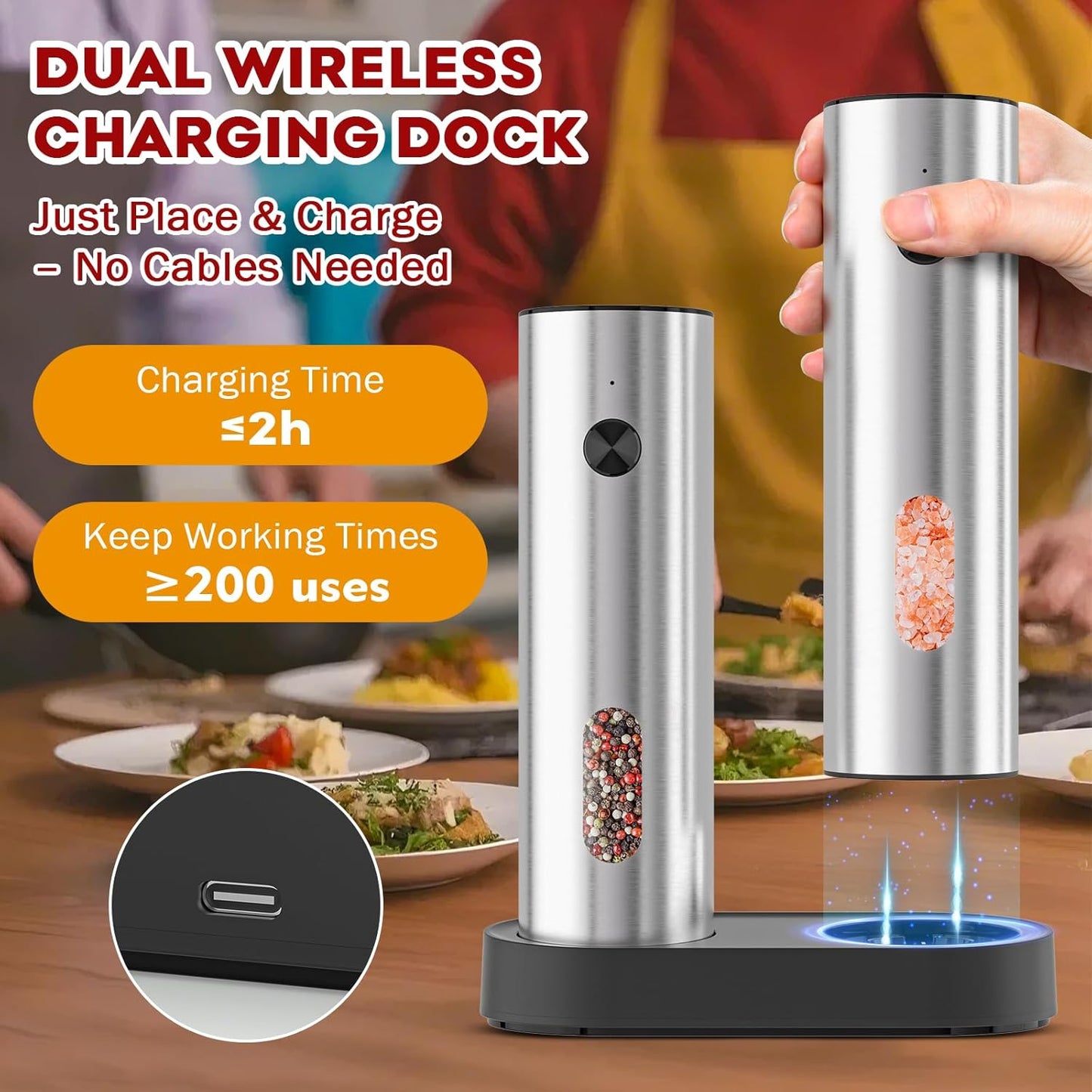 Electric Salt and Pepper Grinder Set: Automatic Rechargeable Salt and Pepper Shakers with USB Charging Base, Adjustable Coarseness, 110ml Large Capacity, Stainless Steel Pepper Grinder for Kitchen