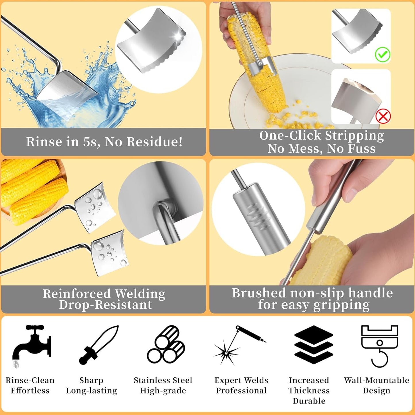 3Pcs Corn Peeler and Stripper Tool - Long Handle Stainless Steel Corn Kernel Remover & Cob Scraper - Efficient Corn Thresher Cutter for Kitchen, Restaurants, Picnics - Safe & Durable