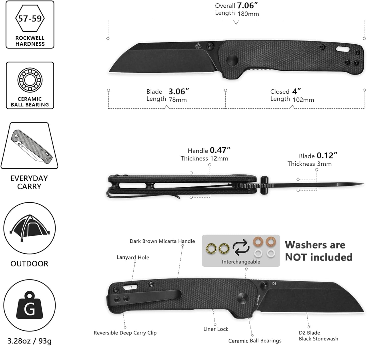 QSP Penguin V2 Folding Pocket Knife, 3.06" D2 Black Stonewash Blade EDC Knife, Dark Brown Micarta Handle, Liner Lock, Ceramic Ball Bearings, Reversible SS Deep Carry Clip