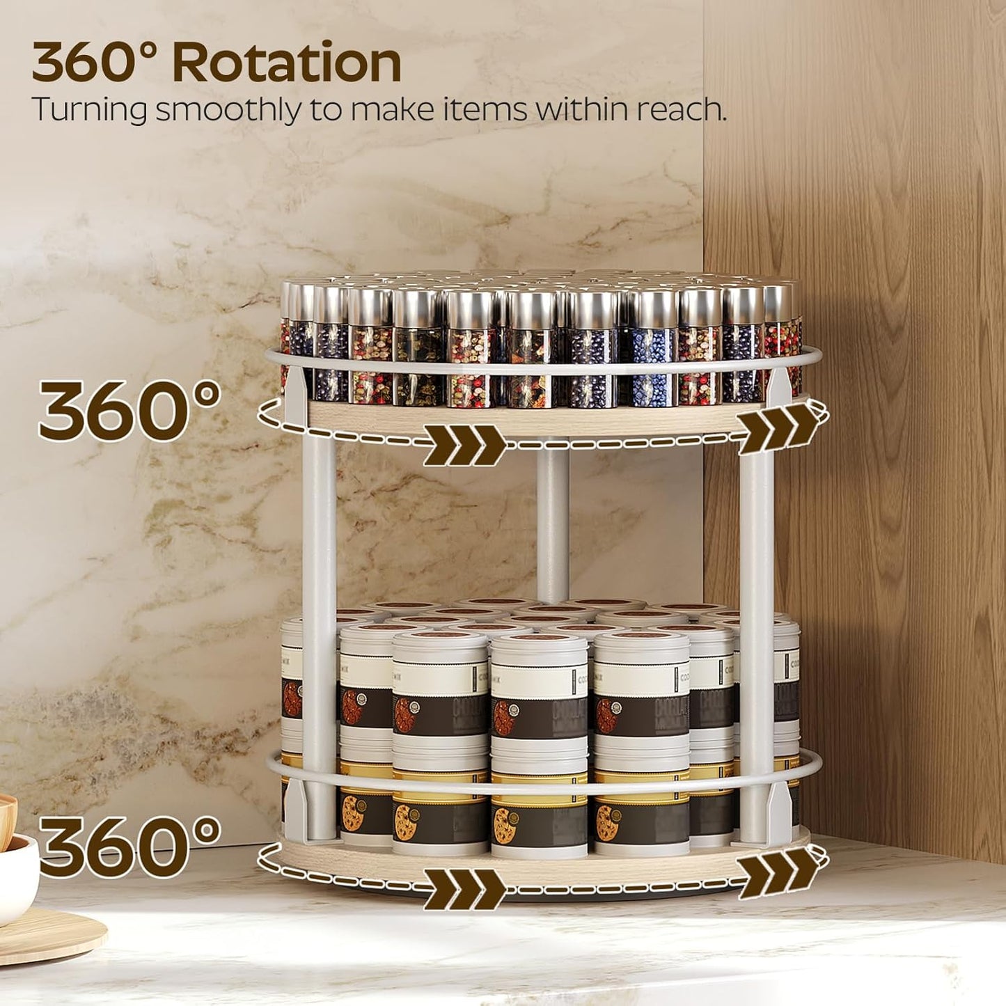 Lazy Susan Organizer, Rotating Spice Rack, 2 Tier Spice Turntable Organizer, Industrial Turntable Spice Holder, for Kitchen Countertop, Compact and Versatile, White and Light Oak SR22WG