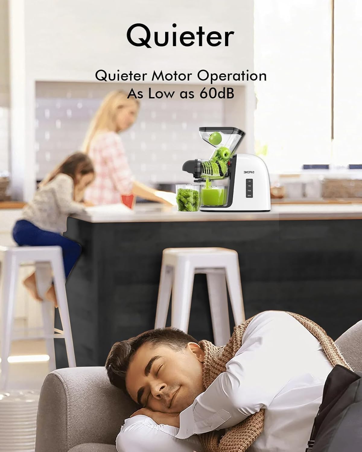 SiFENE Slow Masticating Juicer Machine, Dual 3" Wide Mouth, Anti-Clog Function, Wheatgrass, and Fruit Juice Extractor Maker. Easy to Clean & Non-BPA, White