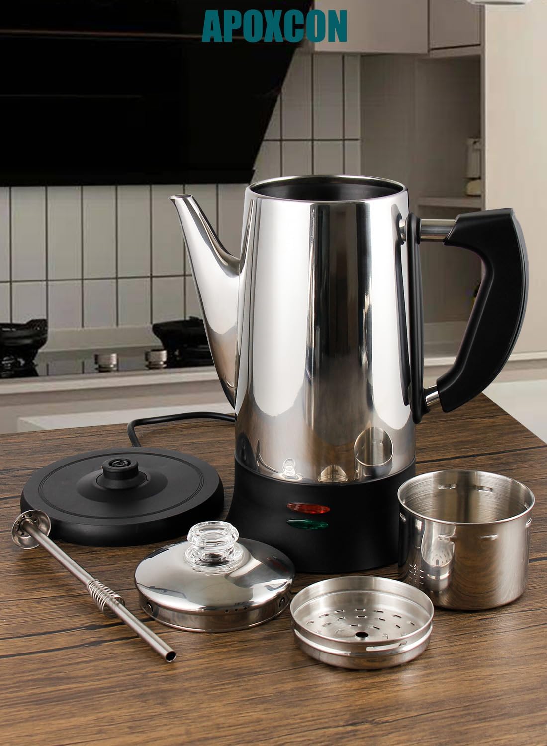 Electric Coffee Percolator Stainless Steel Coffee Maker with Two Heat Resistant Tough Glass Clear Brew Progress Knob Classic Look Keep Warm & Cordless Serving Coffee Pot 12 Cup