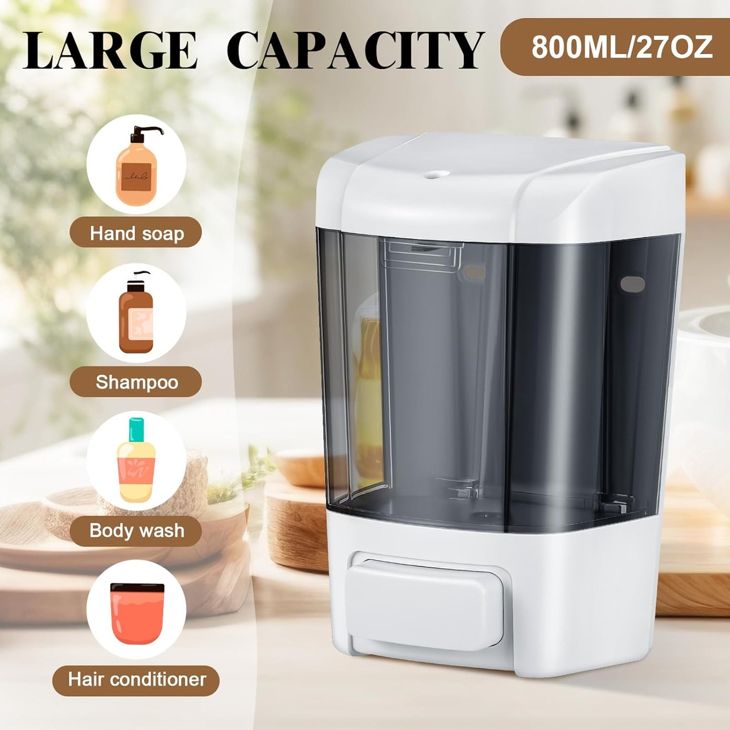 Hushee 4 Pcs Plastic Wall Mounted Soap Dispenser Commercial Manual Soap Containers Wall Dispenser for Kitchen Shower Hotel Liquid Shampoo Gel Chamber(27 oz 800 ml,Brown)