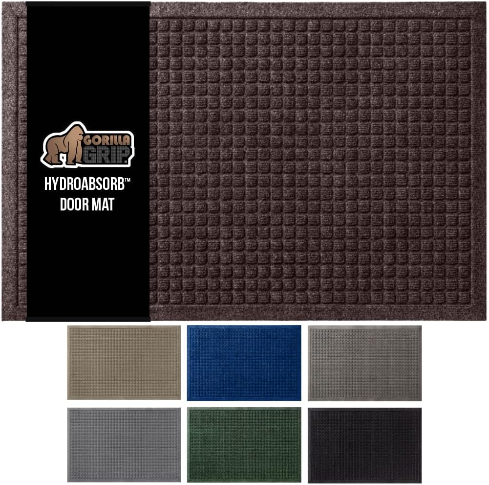GORILLA GRIP Front Door Mat, Indoor Outdoor Ultra Absorbent HydroAbsorb Doormat, Absorbs Up to 1.7 Cups of Water, Stain and Fade Resistant, Rubber Backing Doormats, Captures Dirt, 29x17 Coffee