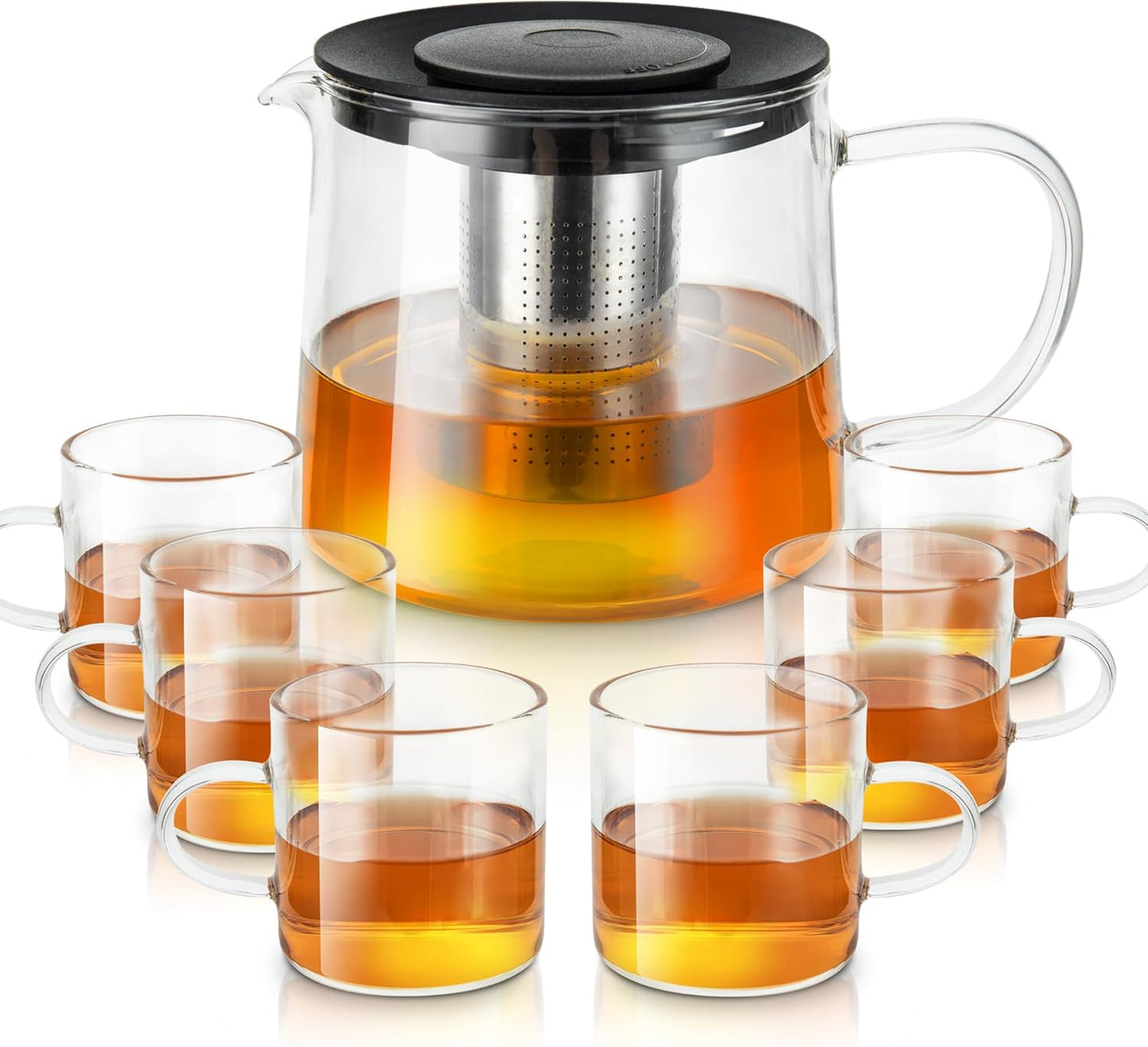 Glass Teapot 51oz/1500ml with 6 Pack Tea Cups Gift Set, Removable Stainless Steel Infuser Tea pot, Heatproof Borosilicate Glass Tea Make, Stovetop Safe Glass Tea Kettle for Loose and Blooming Leaf Tea
