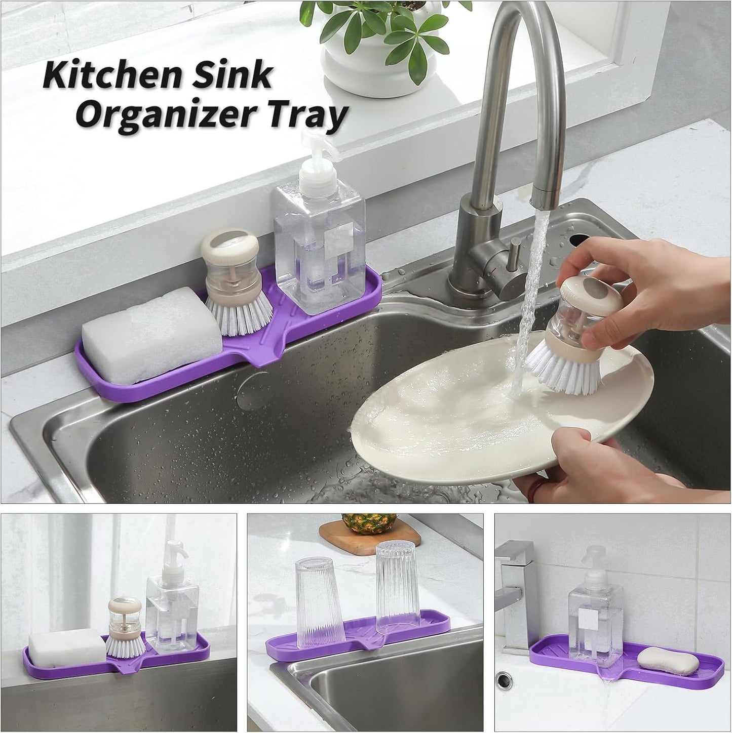 Silicone Bathroom Soap Dishes with Drain Spout-Bathroom and Kitchen Sink Organizer,Sponge Holder,Dish Soap Tray,Perfect for Dispenser,Scrubber,Bottle,Cup on Sink or Counter-Purple 12"×4"