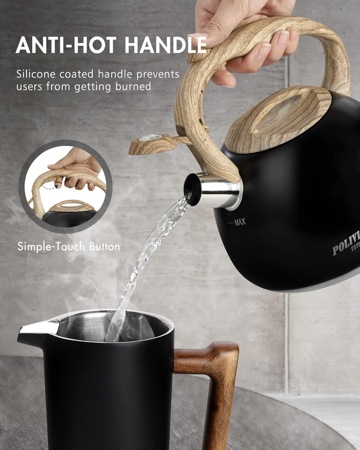 POLIVIAR Tea Kettle, Black Ti Stovetop Tea Kettle 2.7 Quart , Audible Whistling Teapot, Food Grade Stainless Steel for Anti-Rust and Anti Hot Handle, Suitable for All Heat Sources (JX2018-WB20)